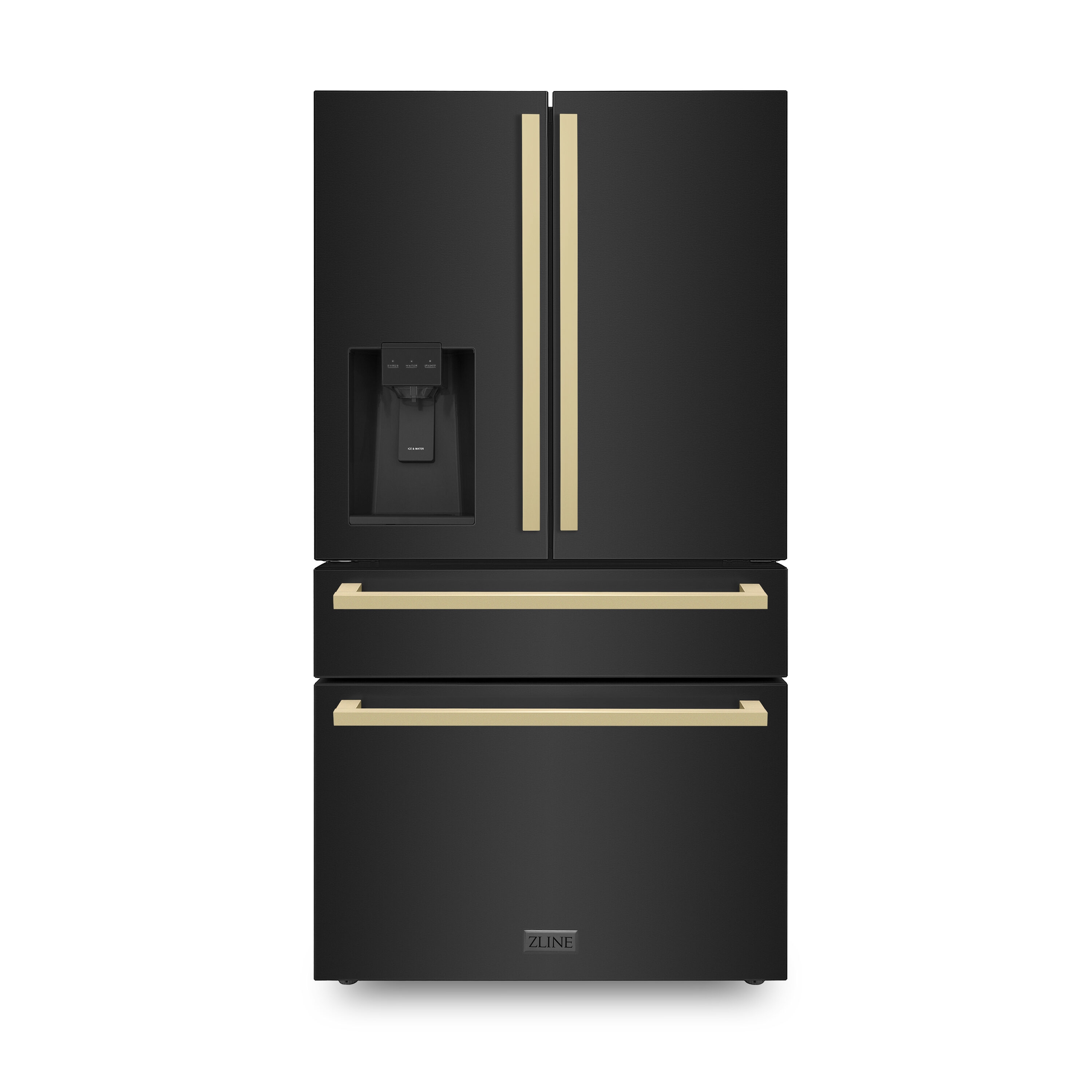 ZLINE KITCHEN & BATH Counter-Depth 22.5-cu ft 4 -Door Built-In French Door Refrigerator with Ice Maker with Water Dispenser ( Black Stainless Steel with Chamagne Bronze accent Handles ) ENERGY STAR Certified