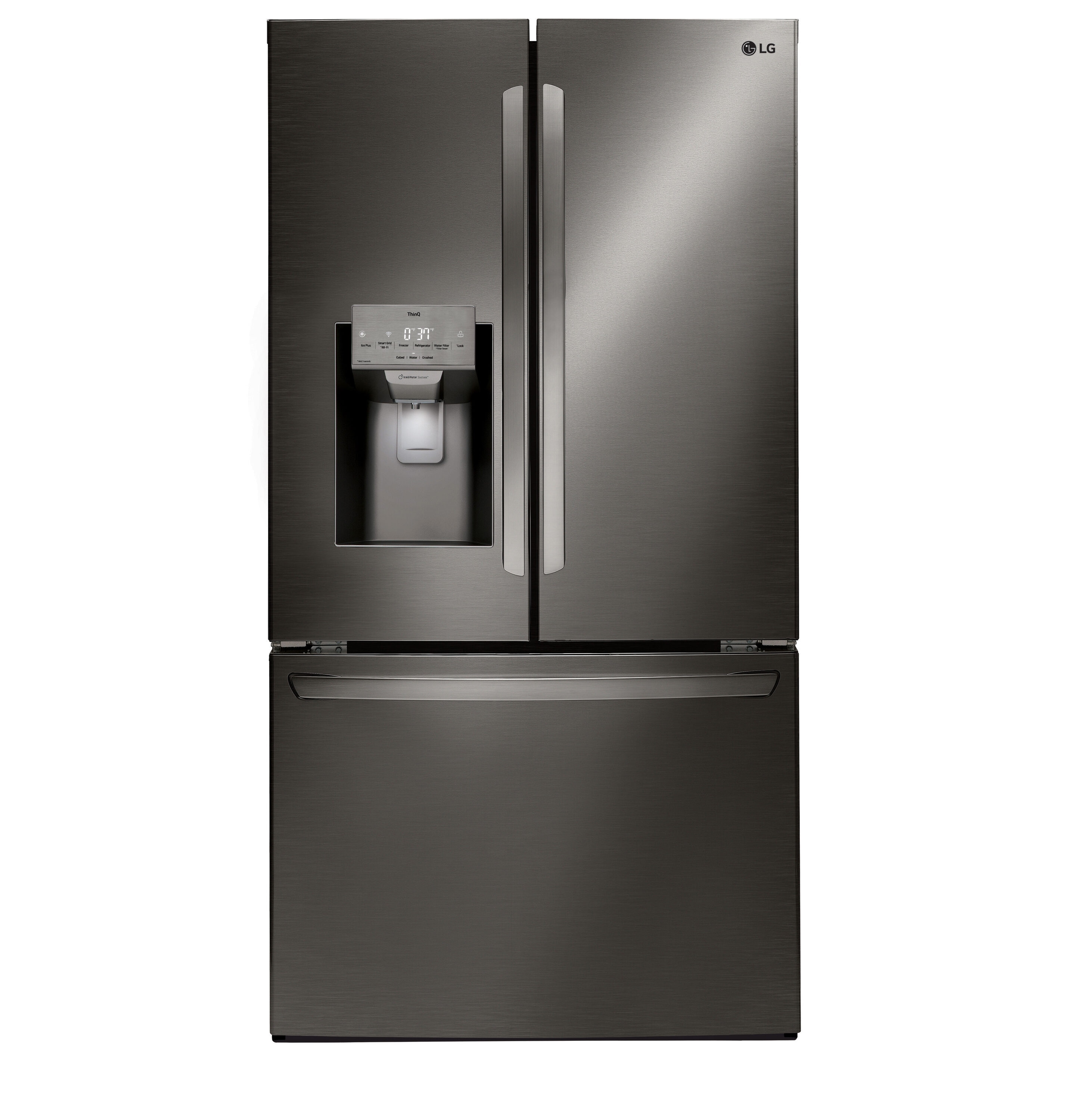 LG Standard-Depth 27.7-cu ft 3 -Door Smart Compatible French Door Refrigerator with Ice Maker with Water and Ice Dispenser ( Printproof Black Stainless Steel ) ENERGY STAR Certified